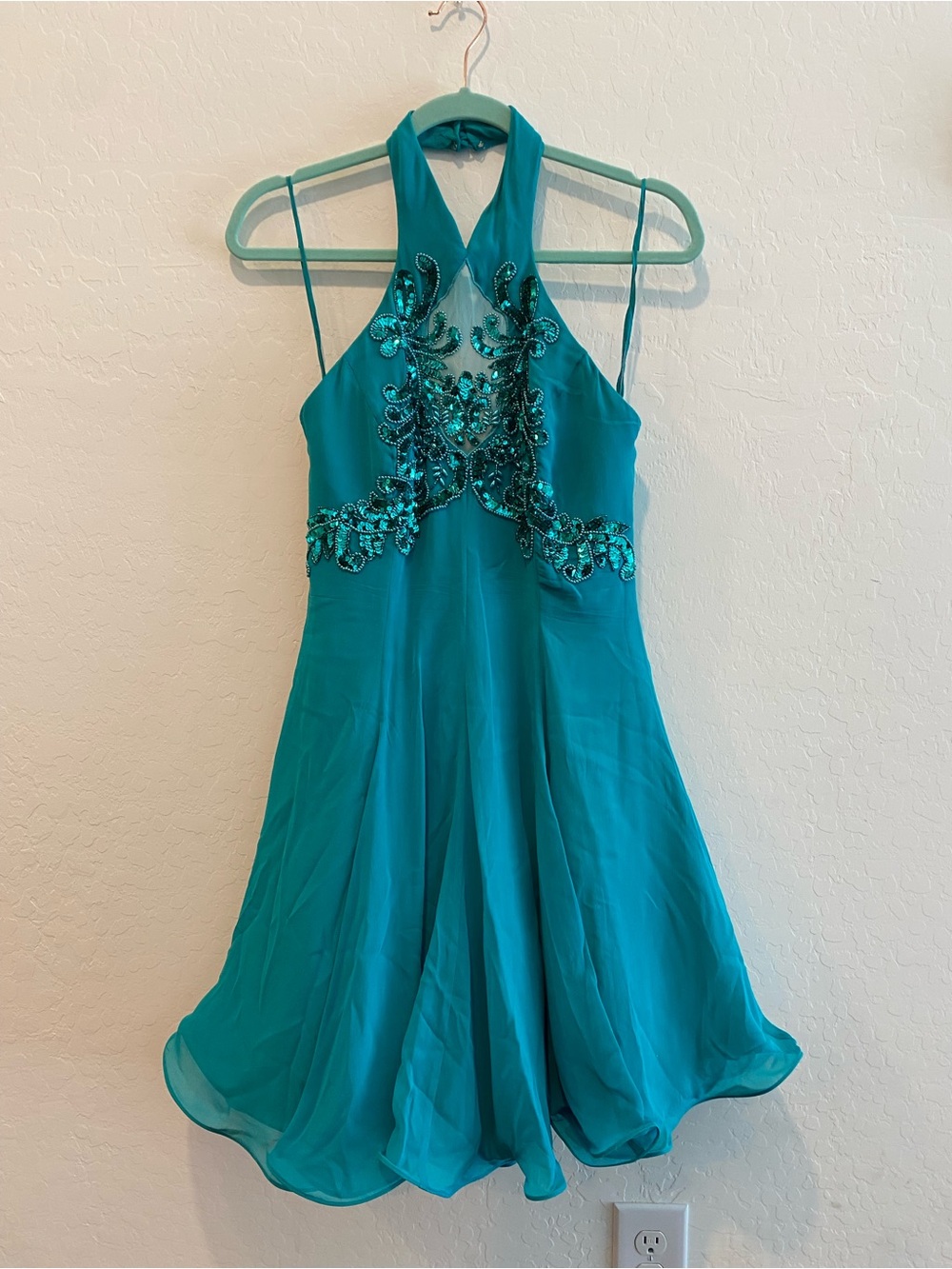 Niteline Teal Halter Neck Cocktail Dress with Beaded Applique